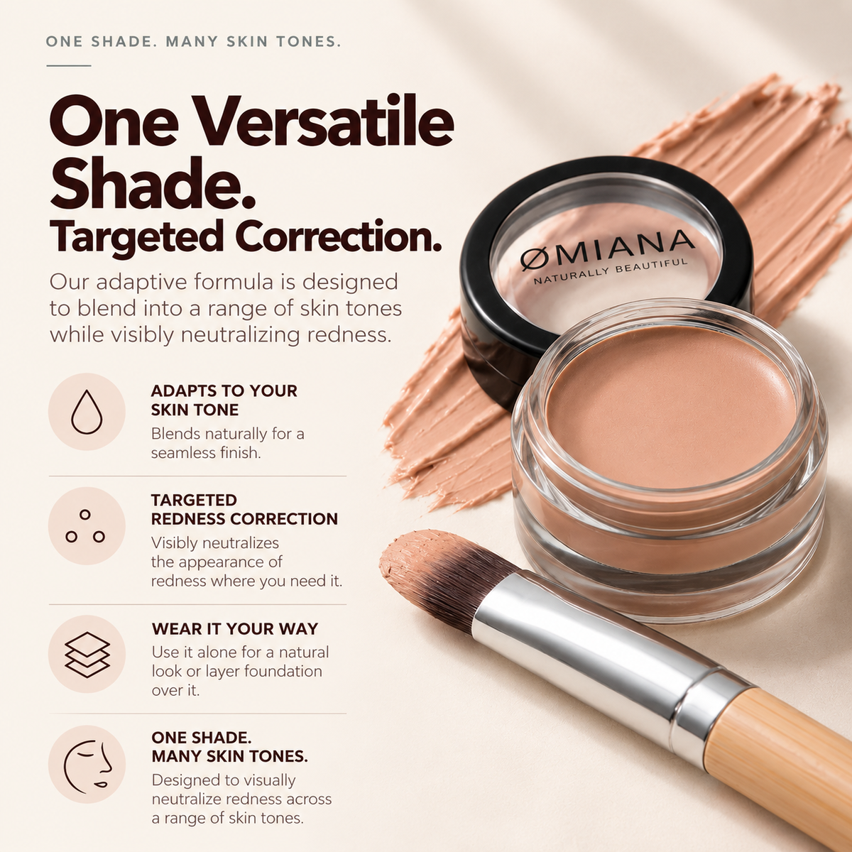 Omiana Redness Concealer Cream showing one versatile correcting shade designed to work across a range of skin tones.