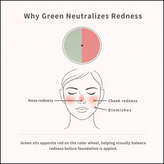 Illustration showing how green sits opposite red on the color wheel to help neutralize the look of redness in makeup.
